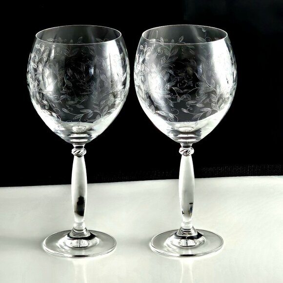 Pier 1 Eliza Water Goblet 8" set of 3 etched leaf red wine glasses cottagecore - Picture 3 of 8